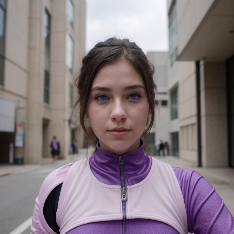 photo of a college student, in Purple Pink, futuristic space suit, (freckles:0.8) cute face, sci-fi, dystopian, detailed eyes, Heterochromia eyes((Side view))