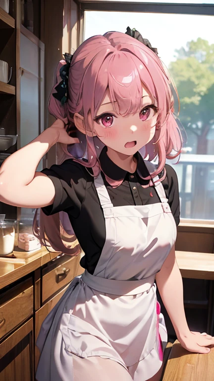 masterpiece、highest quality、Very detailed、8k CG、
Photograph the upper body、1 female、(Put your arms behind your back:1.2)、Are standing、Turn your body forward、View your viewers、(Waitress uniform、Double-breasted、skirt、apron)、blush、shy、(trembling:1.2)、Pink Hair、Open your mouth、Coffee shop、