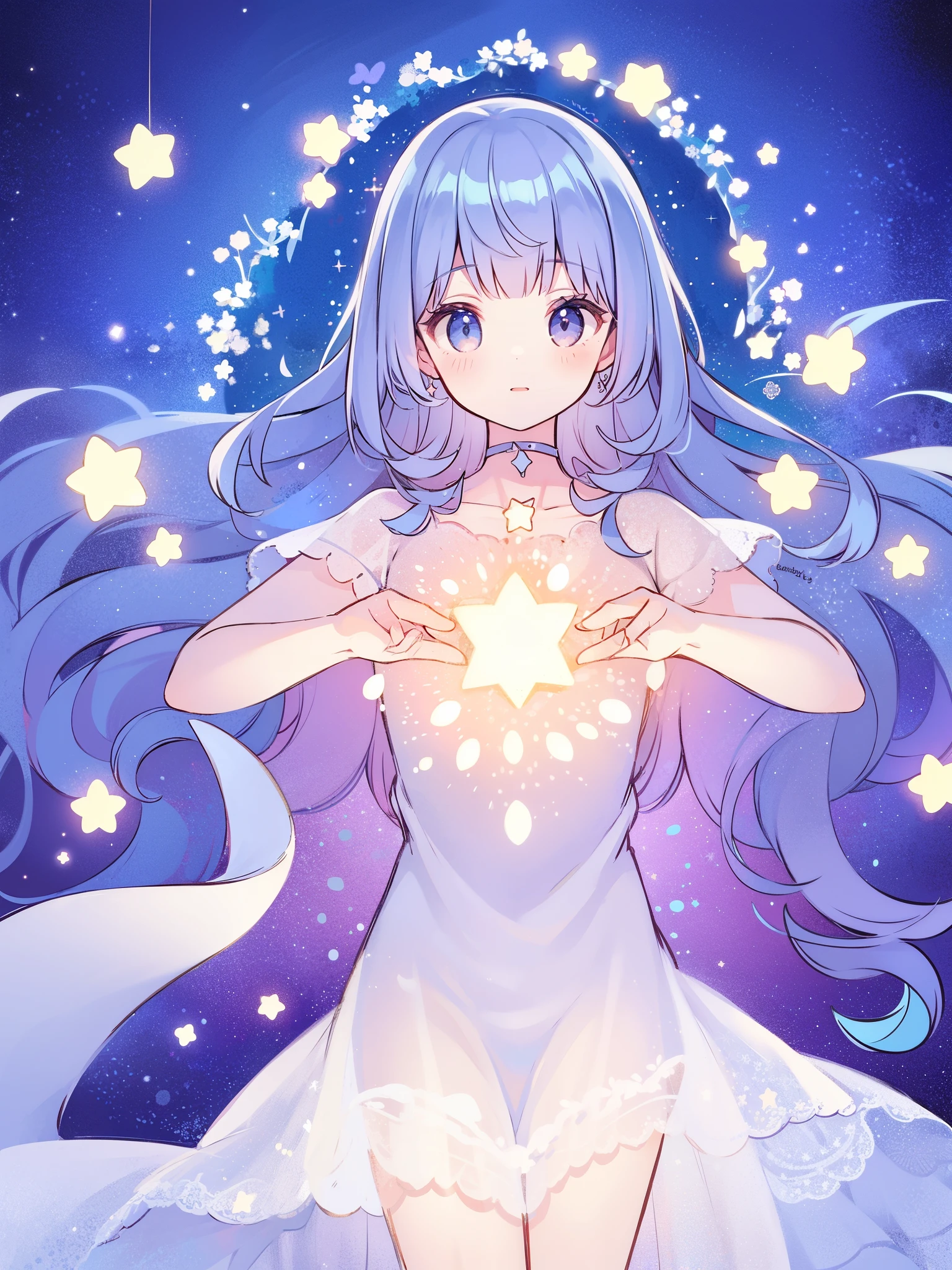 wishing stars, girl wearing an ethereal translucent dress made of stars, magical, fantasy, whimsical, complex drawing, highly detailed, ethereal, starry night, midjourney style