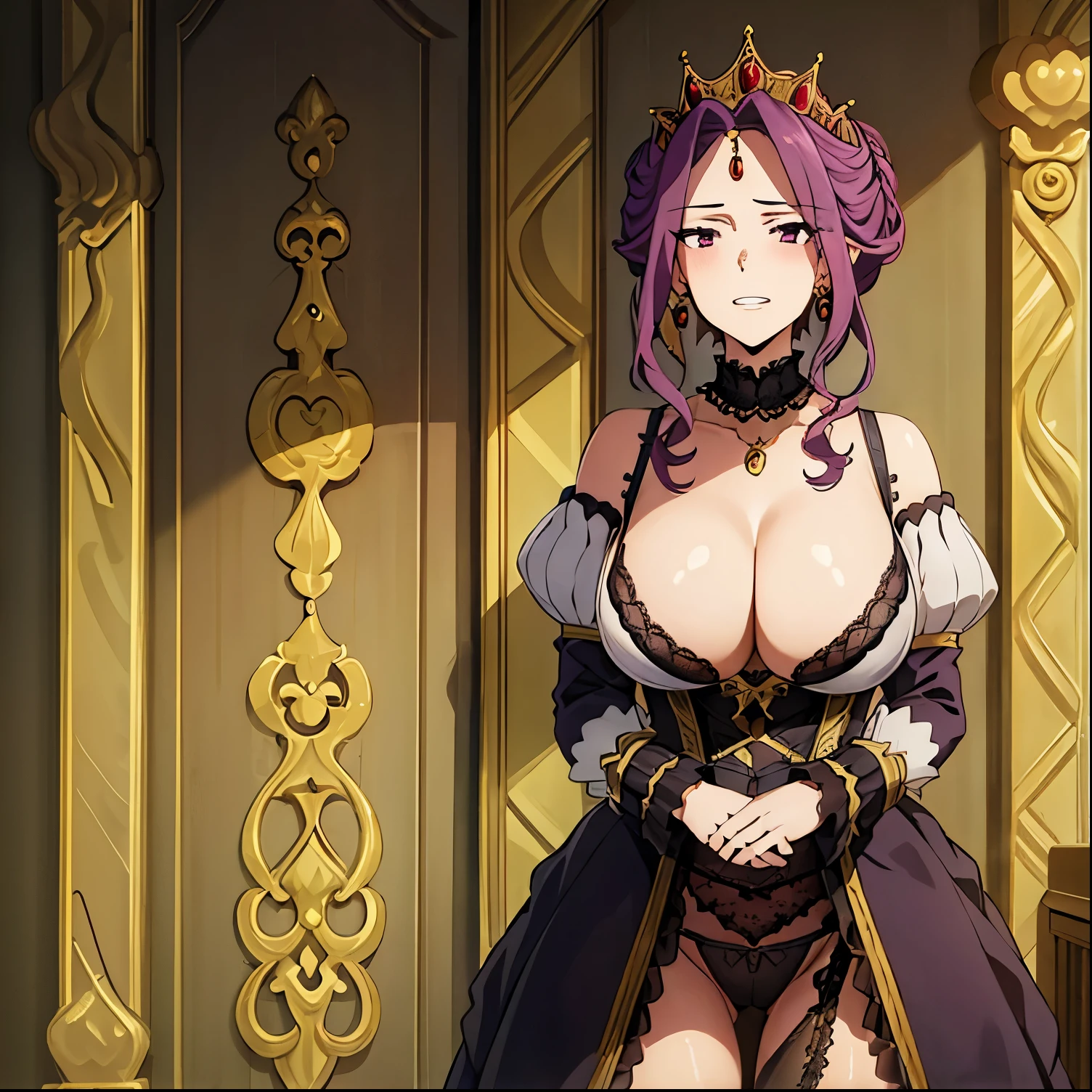 1girl, alone,mirellia_q_melromarc, milf, 1 girl, alone, standing, (big breasts), (wide hips), (wide thighs), (black lingerie), (black bra), (black string thong), (teeth), juliet_sleeves, crown, necklace, purple_hair, purple_eyes, lips, jewelry, embarrassed earrings, smile, castle, in the castle room, perfect hands, perfect anatomy 