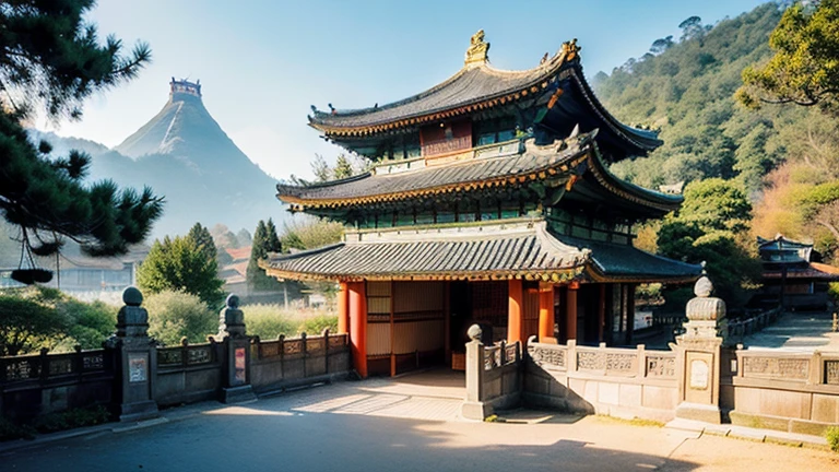 ((masterpiece, best quality, official art, Unity 8K wallpaper, absurd, high resolution, (1 Girl: 1.4), Looking ahead, (Stunning scenery: 1.2), Natural landscape, Tranquil scenery, outdoor adventure, ( diverse ecosystems: 1.2), Beautiful scenery, Trees, Chinese Palace, Flowers, bridge, Fence, birds, ancient Chinese architecture, traditional Japanese concept art, concept art style, detailed 2d illustration, concept art, concept art, Ultra-detailed and colorful low-polygon art, concept art style, concept art for video games, 2d concept art, concept art illustration, (Intricate details), (Complex design, Ultra Detailed: 1.2), Art Station, (masterpiece, best quality), Ultra HD, 32k, high resolution, Extreme details, Chinese Palace, original painting, illustration, Japanese Temples, Chinese temple, (((architecture))), Flawless, stunning architecture, Carved beams and painted buildings, Beautiful scenery, Inspired by martial arts, Sunlight, the original painting of the game scene, Ghibli style, Clean colors, Decisive felling, Blank space, Practical, Epic creation
