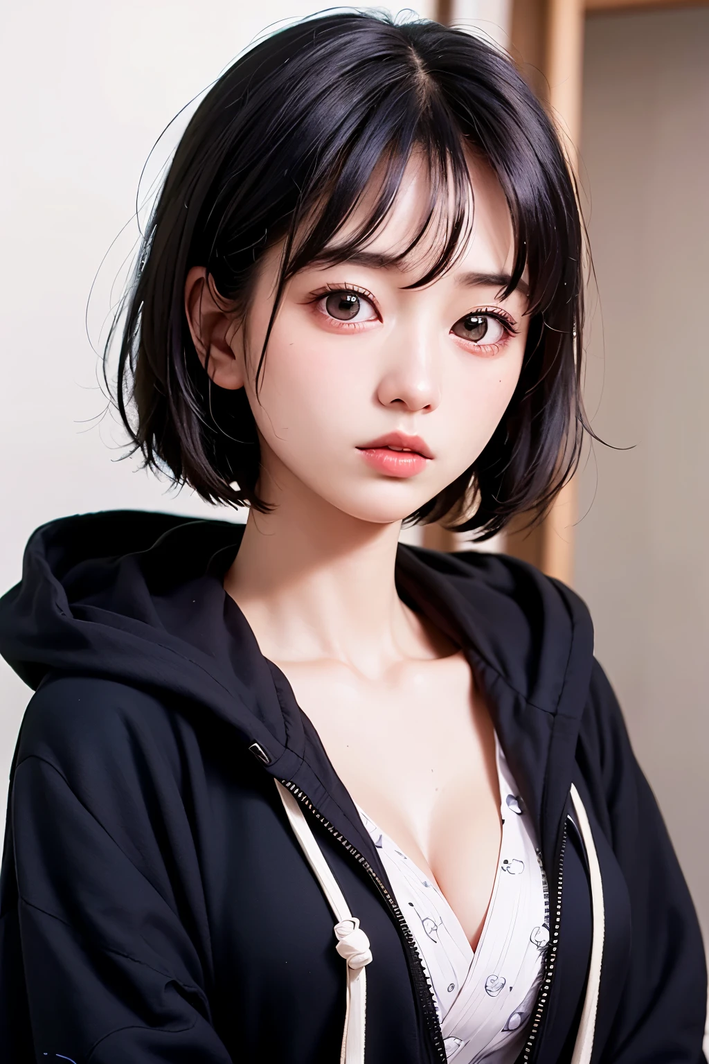 (1 nogizaka girl,raw photo,photo realistic:1.5),(best quality, high quality,HDR, highest quality,ultra high resolution,high resolution,high res,ultra high difinition,huge file size,8K,2K wallpaper,8K wallpaper,high quality texture,amazing,an extremely delicate:1.4),one girl, Japanese famous idol,beautiful face,small face,absurd,ridiculous,incredibly ridiculous,portrait,breasts close up,blurry background,(hoodie,cleavage,no makeup:1.2),medium skin,beautiful skin,detailed skin,small head,black hair,silky hair,(Japanese eyes:1.3),detailed eyes,black eyes,Japanese idol eyes,Japanese nose,5-fingers,(eyebrow:-0.5),(Light Particles, Lens Flare, Luminous Particles: 0.7),looking at viewer,bright lighting,professional lighting,girl