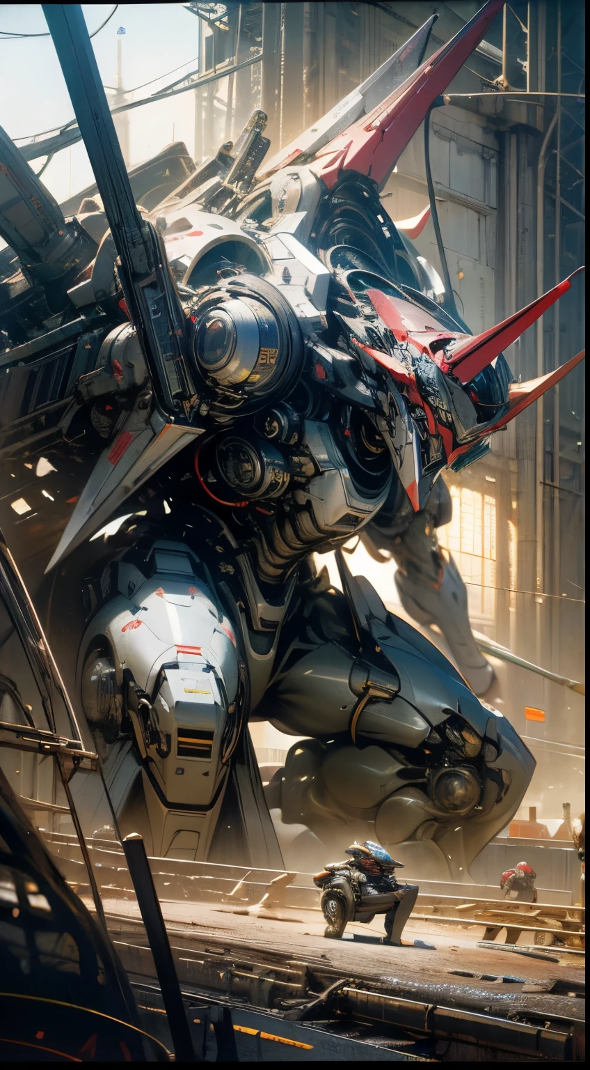 Dark_fantasy, cyber punk perssonage, ((Eva first machine:1.5, Large-caliber artillery:1.7, Heavy armor:1.5, Colorful, a color:1.1)), mechanical wing, Pipes of various sizes, concept art Octane rendering, mech concept art, gentlesoftlighting, vivd colour, ((Desert battlefield)), expressionistic, in a panoramic view, large scene, dynamicposes, retinas, hyper HD, A high resolution, Award-Awarded, art-deco, god light,abstract expressionism, Vignetting, Chiaroscuro, afterimage, Atmospheric perspective, Rotated, Constructivism, surrealism, art-deco, Constructivism, surrealism, god light, Satellite image, Ultra-wide angle, Masterpiece, ccurate, Anatomically correct, Textured skin, Best quality, High quality, 16k