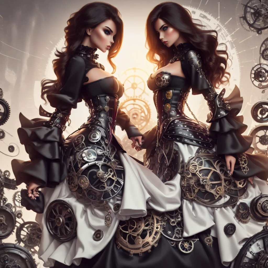 Hyper realistic photo perfect clockwork teen girl, perfect makeup, think curved eyebrows, long thick eyelashes, black eyeliner, dark purple eye shadow, perfect sexy face, cute little nose, curved lips, lipstick, perfect breasts, abs, slim waist, perfect ass, clockwork steampunk outfits, 