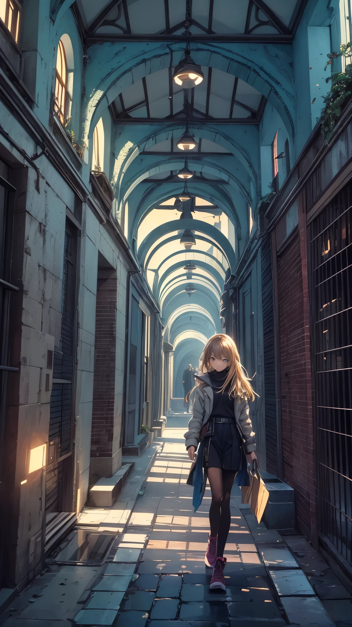 (highest quality, High resolution, Vibrant colors, Realistic), (Inside a giant maze made from a pool), 1 girl, 20-year-old female, Wear military-style clothing, Short Blonde, Finding your way through the maze, Mysterious lighting, 非Realisticな雰囲気, The yellowed world,Towering walls, complicated route, Distorted reflections, hidden passage, Quiet and eerie, sense of adventure, Expectations, expedition, A mind-blowing twist, Unexpected Encounter, separation, vast and infinite, Immersive Experience, Escape to another world, 非Realisticな旅