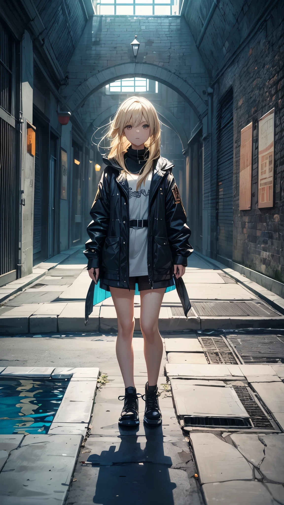 (highest quality, High resolution, Vibrant colors, Realistic), (Inside a giant maze made from a pool), 1 girl, 20-year-old female, Wear military-style clothing, Short Blonde, Finding your way through the maze, Mysterious lighting, 非Realisticな雰囲気, The yellowed world,Towering walls, complicated route, Distorted reflections, hidden passage, Quiet and eerie, sense of adventure, Expectations, expedition, A mind-blowing twist, Unexpected Encounter, separation, vast and infinite, Immersive Experience, Escape to another world, 非Realisticな旅