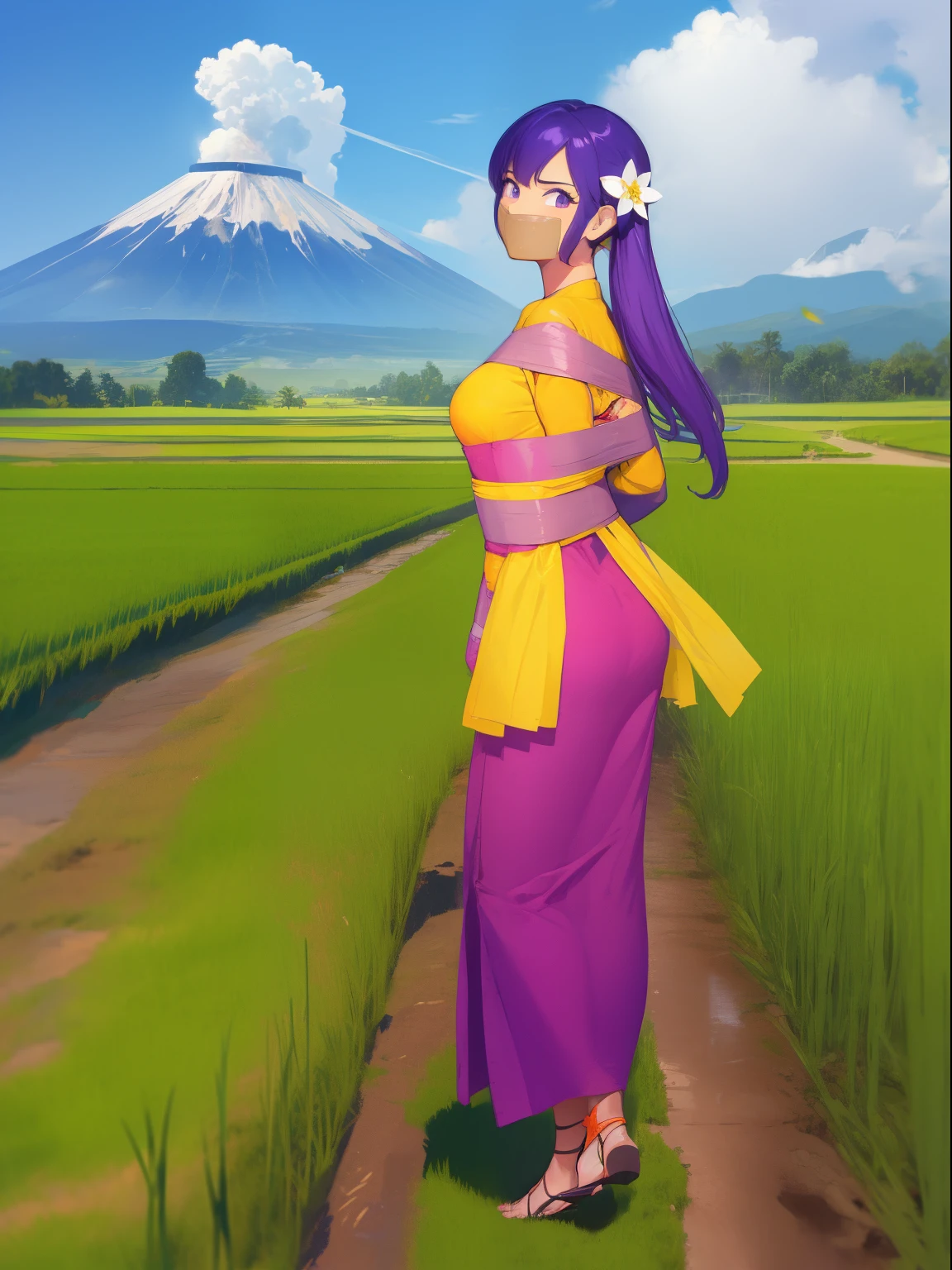 Masterpiece, hd, 2d, West Javanese Rice Farmer, wears light green kebaya dress with and light , nurturing her just field with beautiful volcano in background, , Master piece, (best quality), perfect eyes, bound, bondage, (arms behind back:1.4), bdsm, tape gag, tape, tape bondage, close-up, restrained, ,best anatomy,full body, ,green hair ,long hair,standing, flower ornament , slippers , ponytail