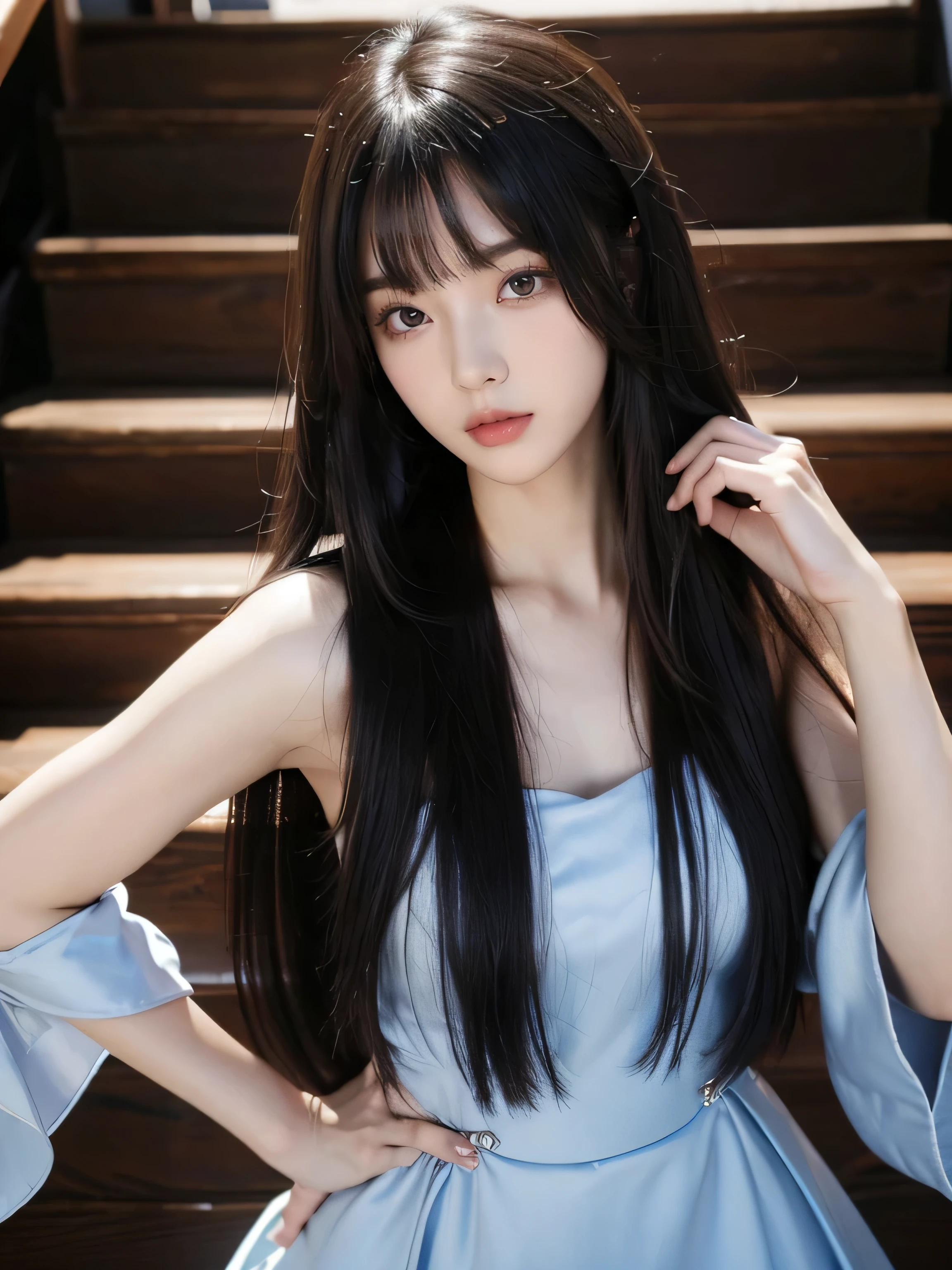 ((Full Shot:1.3)) (big 1.4) Beautiful Fantasy Girl ((highest quality)), ((masterpiece)), (Get used to it), Perfect Face (1 girl) (She is 、The cutest teen in Japa((highest quality)), ((masterpiece)), length deep black hair length, Shiny golden hair,Silky Hair, Straight jet black hair, length Super straight jet black hair, Perfect Silky Straight Hair, Straight jet black hair, length jet black hair, Her hair is long and straight, detailed length jet black hair ((big 1.4)) Super Long Hair down to the ankles ((Neat bangs The neatly trimmed bangs are princess cut and cover the entire forehead........))... bright crimson lips good, Anatomically correct hand Thin fingers 5 anatomically correct fingers Sexy professional makeup Beautiful Japanese girl face, Japanese facial features, Long Hair shiny Long Hair, length, Shiny black hair, length, Straight deep black hair, Her hair is long and straight, Super Long Hair girl, Silky Hair, lengthJet black hair, Silky Hair, length, Flat Hair, Silky texture, Long Hair, length, Flowing jet black hair, thin and shiny hair Anatomically correct white beautiful human skin with details of hands and fingers Beautiful Eyes Mouth Details the corners of the mouth rise slightly Cool look (The eyebrows are dark brown in color) (She is wearing the gorgeous blue dress worn by Cinderella in the live-action version. Disney Color Photos、tumbler、Renaissance、Cinderella、She is wearing a gorgeous Victorian blue dress.) (This is a 16th century European town..)