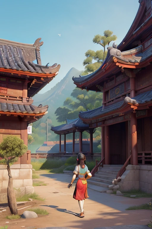 ((masterpiece, best quality, official art, Unity 8K wallpaper, absurd, high resolution, (1 Girl: 1.4), Looking ahead, (Stunning scenery: 1.2), Natural landscape, Tranquil scenery, outdoor adventure, ( diverse ecosystems: 1.2), Beautiful scenery, Trees, Chinese Palace, Flowers, bridge, Fence, birds, ancient Chinese architecture, traditional Japanese concept art, concept art style, detailed 2d illustration, concept art, concept art, Ultra-detailed and colorful low-polygon art, concept art style, concept art for video games, 2d concept art, concept art illustration, (Intricate details), (Complex design, Ultra Detailed: 1.2), Art Station, (masterpiece, best quality), Ultra HD, 32k, high resolution, Extreme details, Chinese Palace, original painting, illustration, Japanese Temples, Chinese temple, (((architecture))), Flawless, stunning architecture, Carved beams and painted buildings, Beautiful scenery, Inspired by martial arts, Sunlight, the original painting of the game scene, Ghibli style, Clean colors, Decisive felling, Blank space, Practical, Epic creation