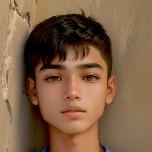 there is a young boy that is standing in front of a wall, with accurate face, around 1 9 years old, ayan nag, vastayan, very very low quality picture, 1 6 years old, 18 years old, face picture, innocent look, with kind face, young face, riyahd cassiem, without helmet, old picture, front profile!!!!