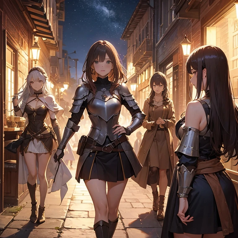 A group of  female medieval fantasy adventurers, (in tavern), various hair styles, harem, night, details face, short skirt, seducing, sleeveless, armor