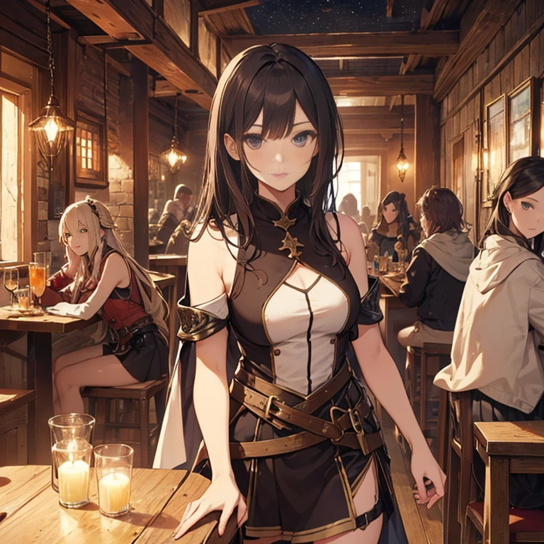 A group of  female medieval fantasy adventurers, (in tavern), various hair styles, harem, night, details face, short skirt, seducing, sleeveless, armor