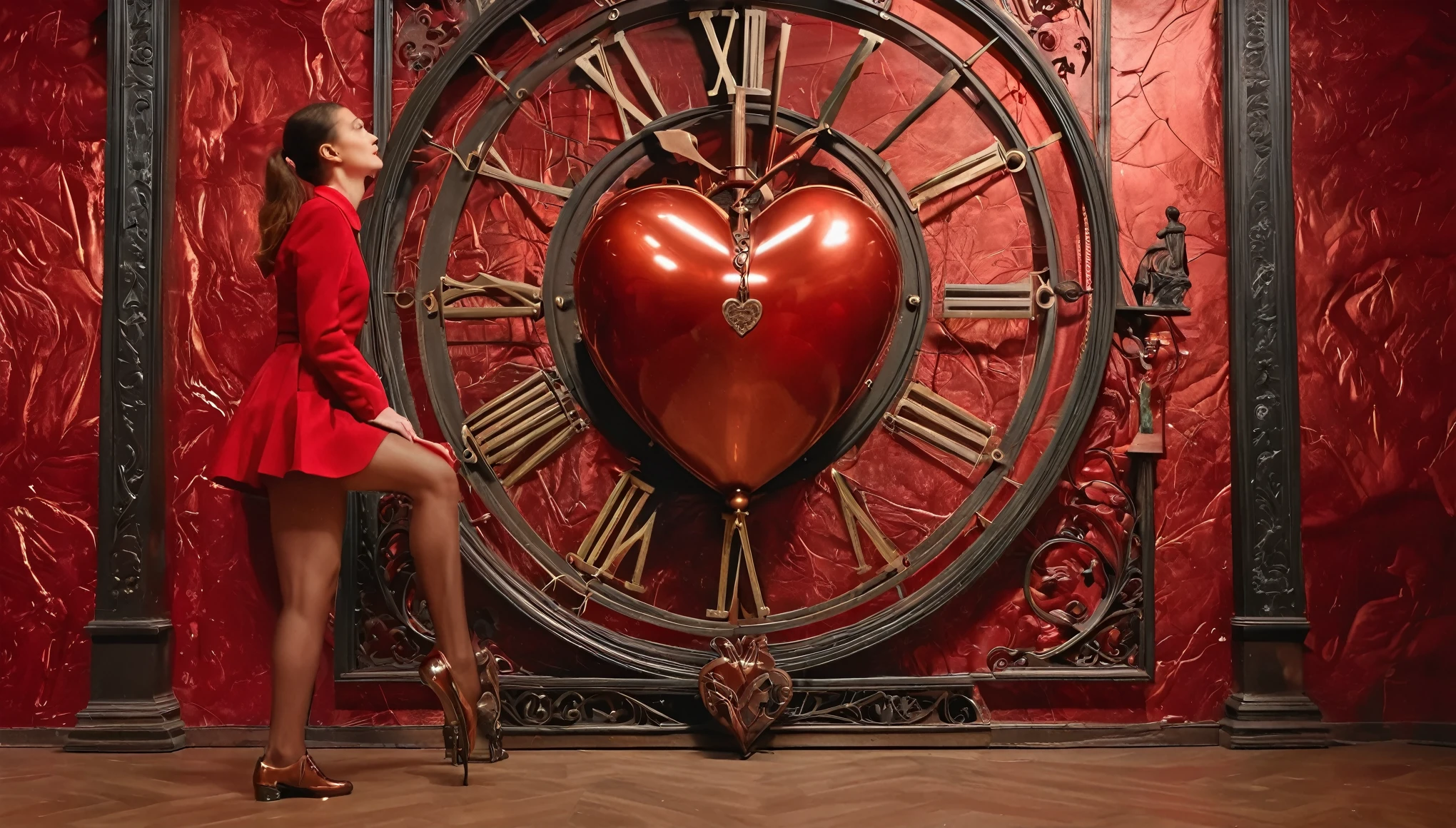 The copper pendulum of a large old clock glitters in the light, a woman in red stands with her legs spread and squats, ((anatomical drawing of a human heart on the wall)), masterpiece, realistic photography, a lot of details, Complete composition, Close-up,