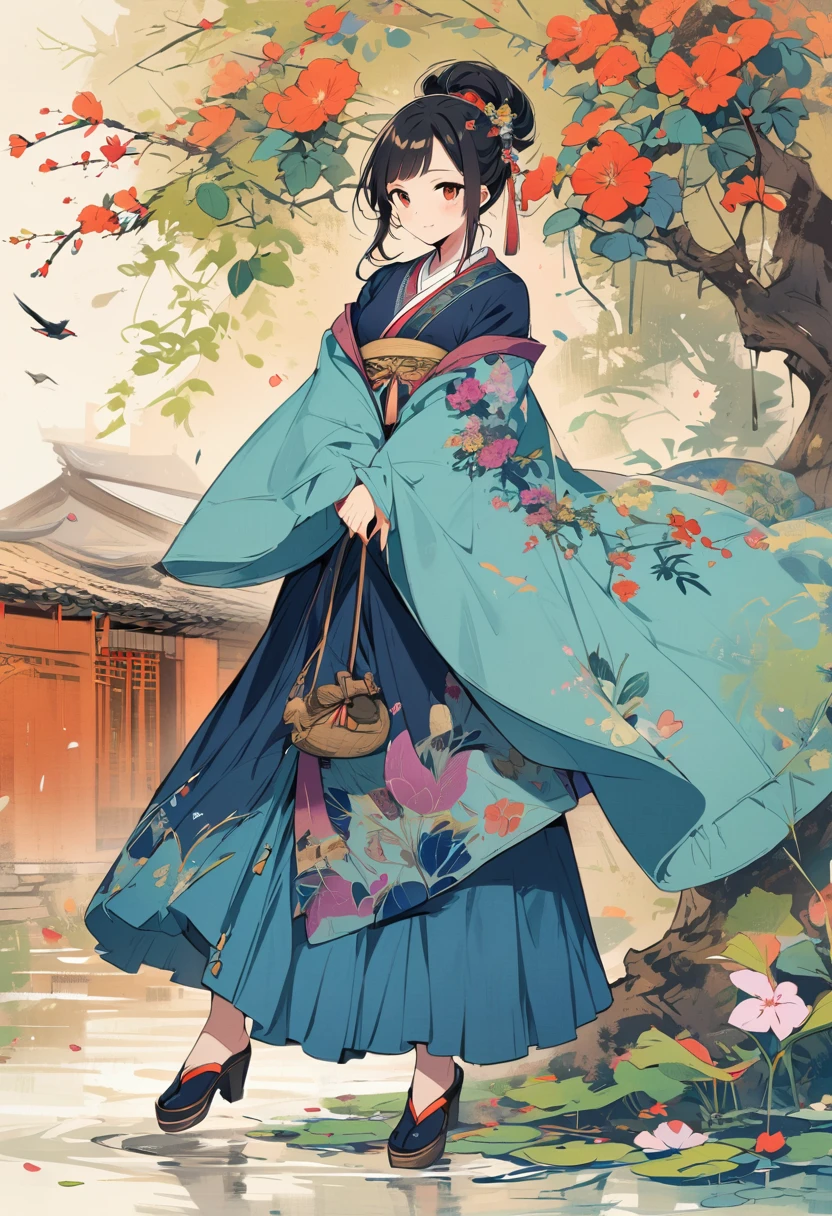 A girl,Hanfu,Full body painting,background