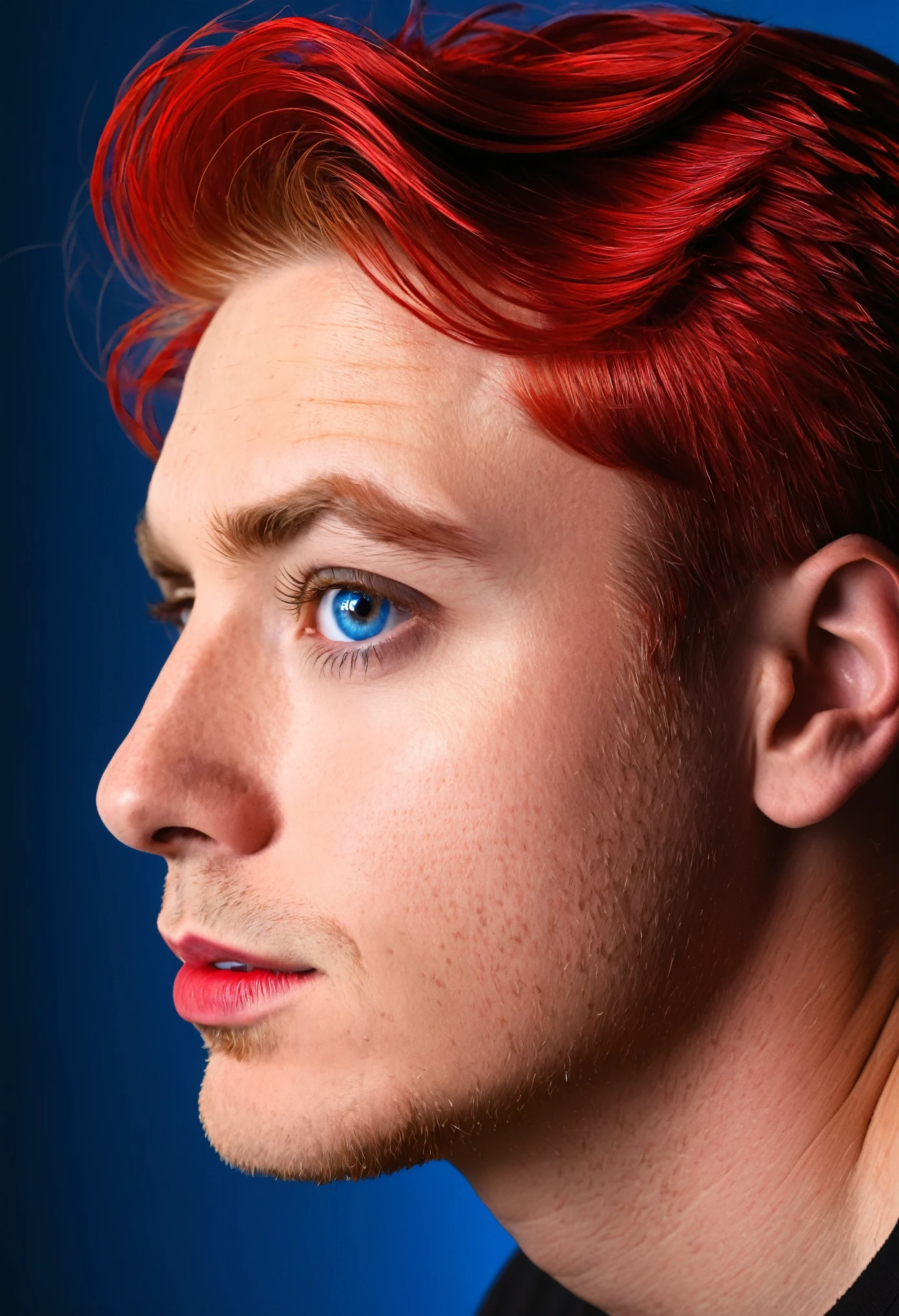 A man with one side of his hair red and the other side blue,portrait,medium,realistic,sharp focus,detailed eyes,detailed lips,vivid colors,studio lighting
