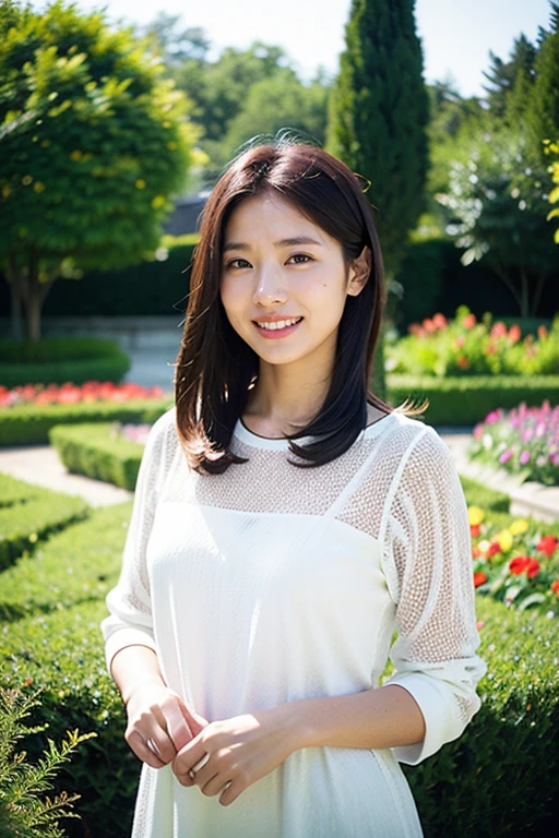 Realistic photography, Beautiful women. ,flower garden,smile