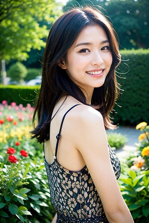 Realistic photography, Beautiful women. ,flower garden,smile
