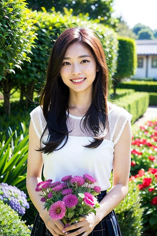Realistic photography, Beautiful women. ,flower garden,smile