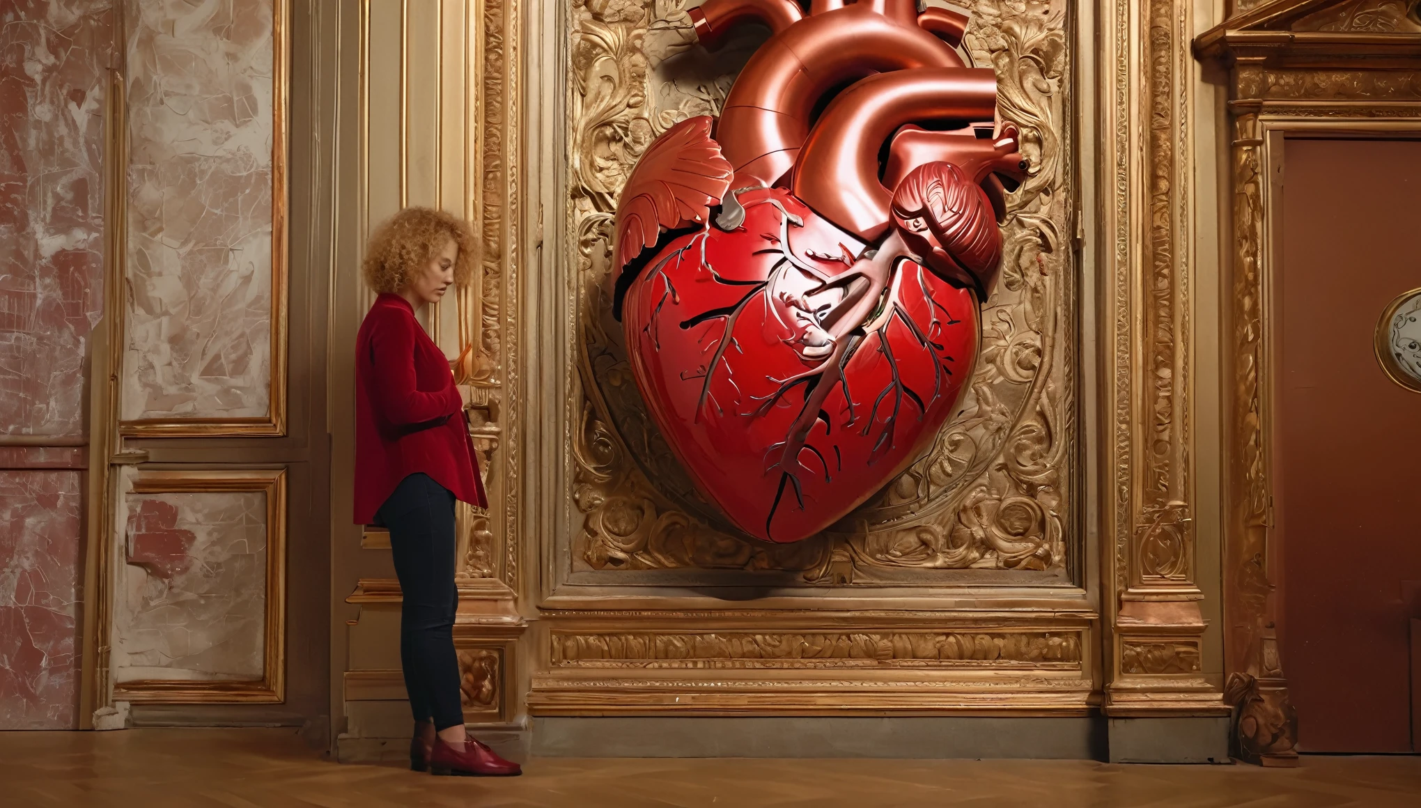 The copper pendulum of a large old clock glitters in the light, a 45-year-old woman in red with short blond curly hair stands with her legs spread and squatting, ((anatomical drawing of a human heart on the wall)), masterpiece, realistic photography, a lot of details, Complete composition, Close-up,
