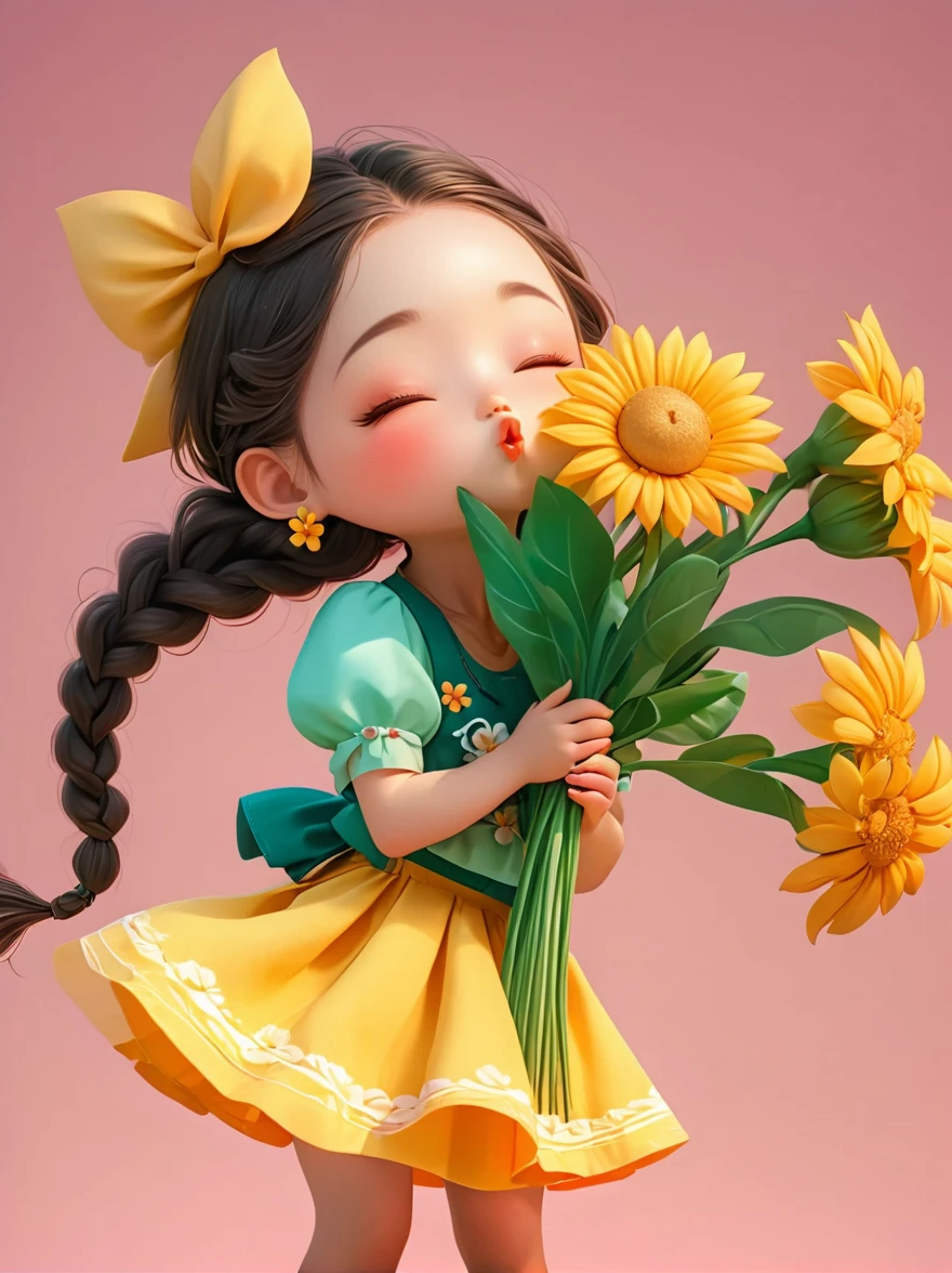 Cute little girl with long braids,Kissing in front of the camera,Wearing a skirt,Holding a huge flower,(Close your eyes:1.3),3D Rendering,Solid color background,specific,chibi anime,Surrealism