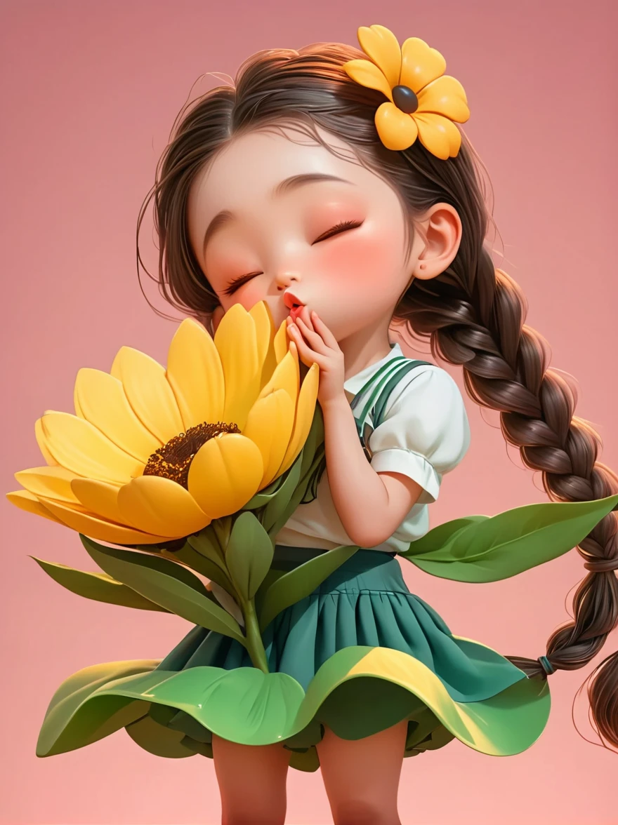 Cute little girl with long braids，Kissing in front of the camera，Wearing a skirt，Holding a huge flower，(Close your eyes:1.3)，3D Rendering，Solid color background，specific，chibi anime，Surrealism