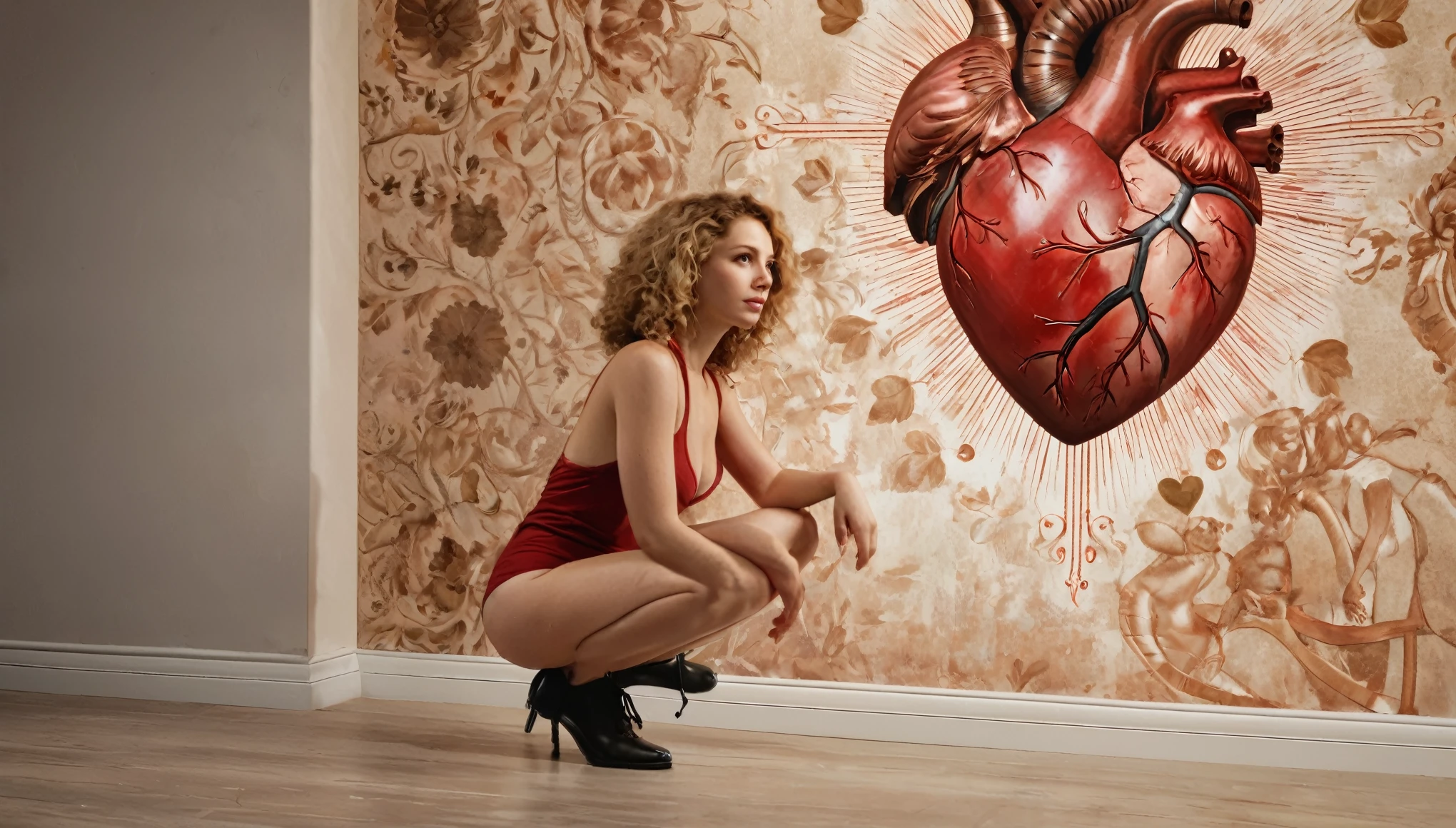 The copper pendulum of a large old clock glitters in the light, a 45-year-old woman in red with short blond curly hair stands with her legs spread and squatting, ((anatomical drawing of a human heart on the wall)), masterpiece, realistic photography, a lot of details, Complete composition, Close-up,