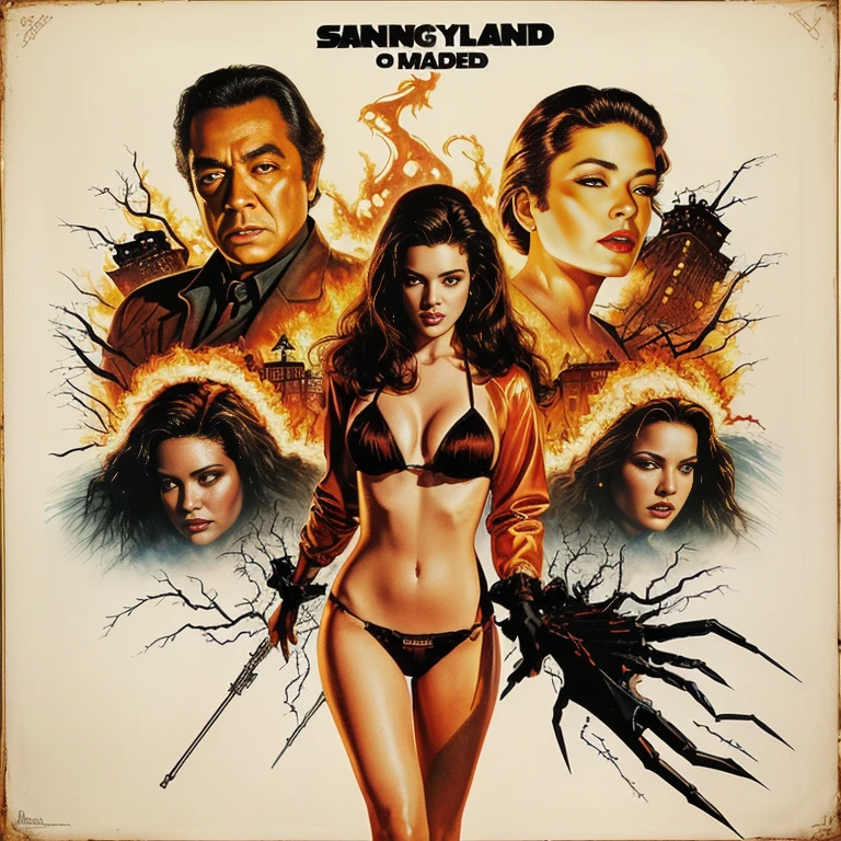 DANGER LAND - original motion picture soundtrack, horror film, Full body pose of a beautiful woman in the center standing in a sexy bikini outfit, In the background, a cityscape bursting into flames and a group of zombies、Spooky atmosphere、soundtrack jacket、Digitally Remastered, Kinematics」, John Maggs, Roy Dargano, Movie Posters, Album cover, 1 9 7 0 sMovie Posters, Oil painting