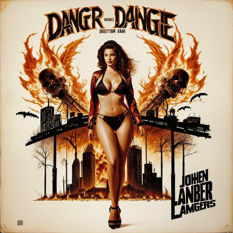 DANGER LAND - original motion picture soundtrack, horror film, Full body pose of a beautiful woman in the center standing in a sexy bikini outfit, In the background, a cityscape bursting into flames and a group of zombies、Spooky atmosphere、soundtrack jacket、Digitally Remastered, Kinematics」, John Maggs, Roy Dargano, Movie Posters, Album cover, 1 9 7 0 sMovie Posters, Oil painting