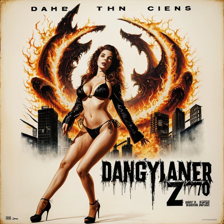 DANGER LAND - original motion picture soundtrack, horror film, Full body pose of a beautiful woman in the center standing in a sexy bikini outfit, In the background, a cityscape bursting into flames and a group of zombies、Spooky atmosphere、soundtrack jacket、Digitally Remastered, Kinematics」, John Maggs, Roy Dargano, Movie Posters, Album cover, 1 9 7 0 sMovie Posters, Oil painting