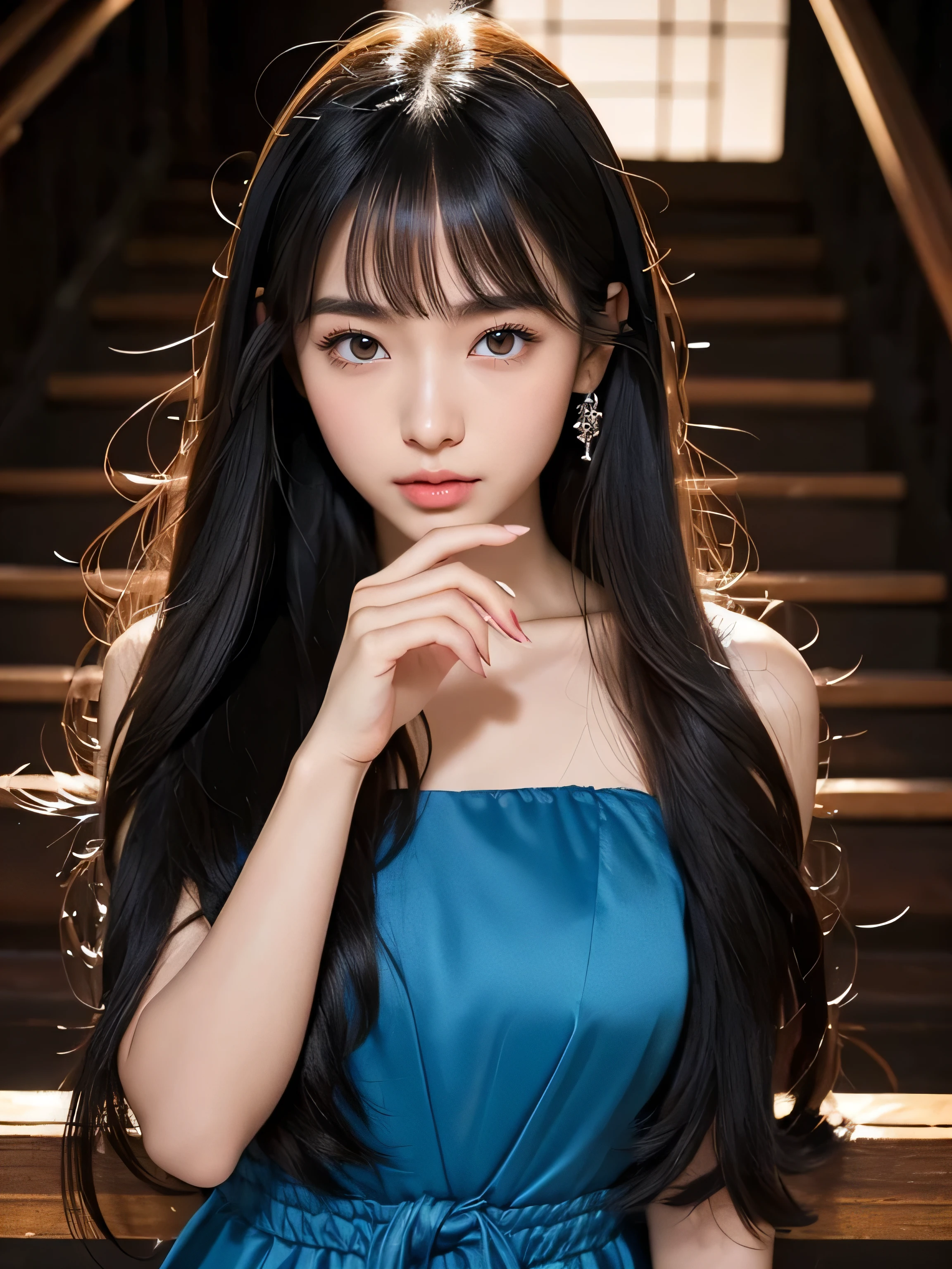 ((Full Shot:1.3))　(big 1.4)　Beautiful Fantasy Girl　((highest quality)), ((masterpiece)), (Get used to it), Perfect Face　(1 girl)　　(She is 15 years old、The cutest teen in Japan.)　((highest quality)), ((masterpiece)), length deep black hair　length, Shiny golden hair,Silky Hair, Straight jet black hair, length Super straight jet black hair, Perfect Silky Straight Hair, Straight jet black hair, length jet black hair, Her hair is long and straight, detailed length jet black hair　((big 1.4))　Super Long Hair down to the ankles　((Neat bangs　The neatly trimmed bangs are princess cut and cover the entire forehead........))...　bright crimson lips　good, Anatomically correct hand　Thin fingers　5 anatomically correct fingers　Sexy professional makeup　Beautiful Japanese girl face, Japanese facial features, Long Hair shiny Long Hair, length, Shiny black hair, length, Straight deep black hair, Her hair is long and straight, Super Long Hair girl, Silky Hair, lengthJet black hair, Silky Hair, length, Flat Hair, Silky texture, Long Hair, length, Flowing jet black hair, thin and shiny hair　Anatomically correct white beautiful human skin with details of hands and fingers　Beautiful Eyes　Mouth Details　the corners of the mouth rise slightly　Cool look　　(The eyebrows are dark brown in color)　　(She is wearing the gorgeous blue dress worn by Cinderella in the live-action version.　Disney Color Photos、tumbler、Renaissance、Cinderella、She is wearing a gorgeous Victorian blue dress.)　(This is a 16th century European town..)