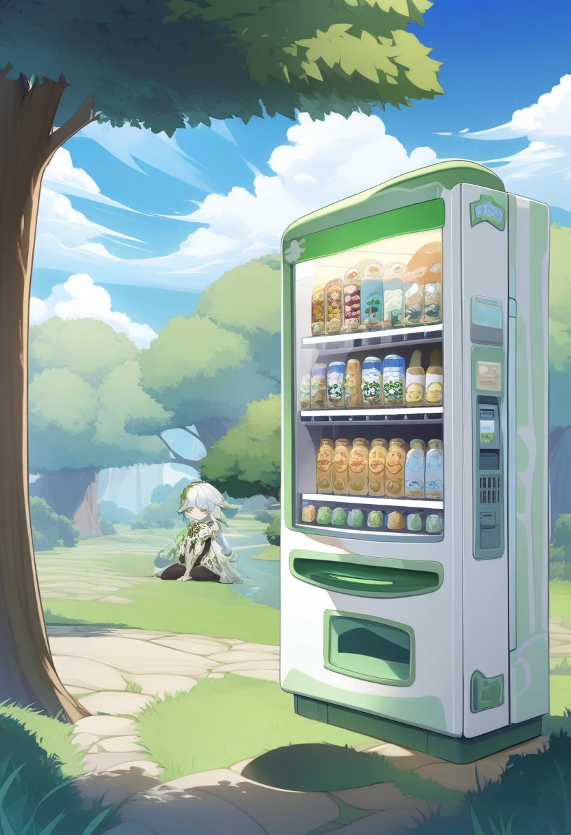 Nashida \(Genshin Impact\), vending machine, landscape, Tree, Sky,