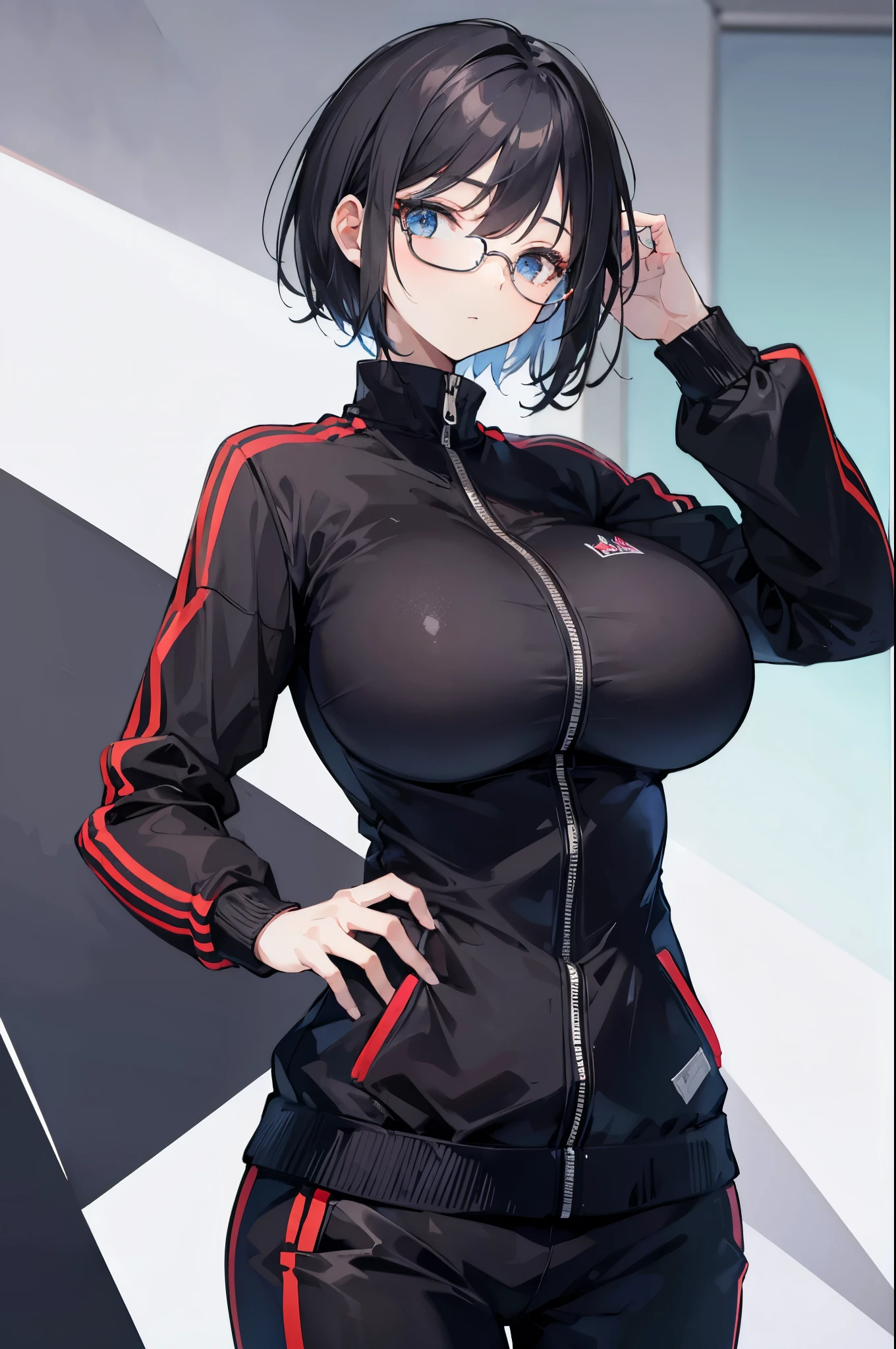 1 girl, glasses, (slim body:1.2), (huge breasts:1.1), (slender legs:1.1), short hair, black hair, tracksuit,