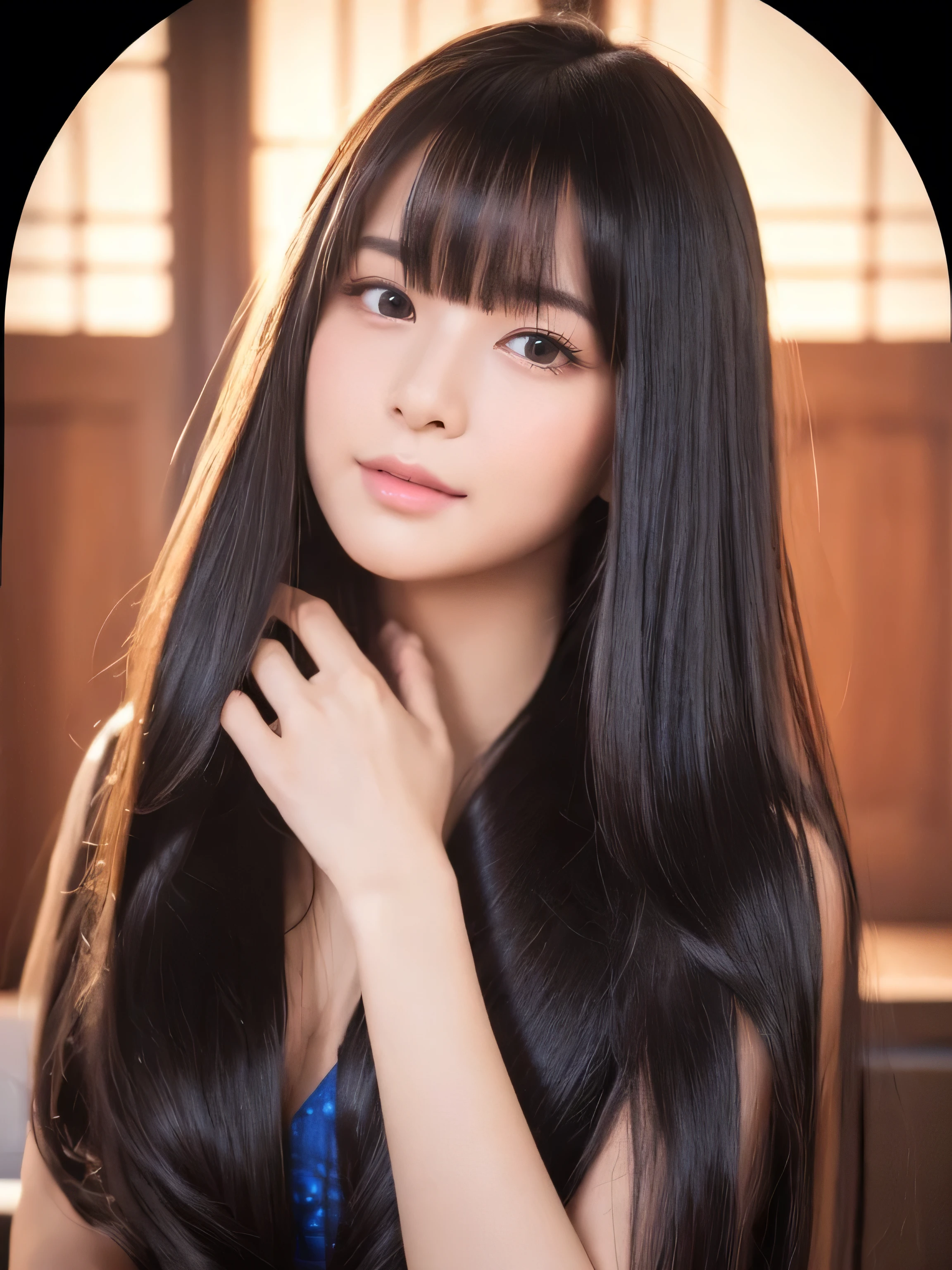 ((Full Shot:1.3))　(big 1.4)　Beautiful Fantasy Girl　((highest quality)), ((masterpiece)), (Get used to it), Perfect Face　(1 girl)　　(She 、The cutest teen in Japan.)　((highest quality)), ((masterpiece)), length deep black hair　length, Shiny golden hair,Silky Hair, Straight jet black hair, length Super straight jet black hair, Perfect Silky Straight Hair, Straight jet black hair, length jet black hair, Her hair is long and straight, detailed length jet black hair　((big 1.4))　Super Long Hair down to the ankles　((Neat bangs　The neatly trimmed bangs are princess cut and cover the entire forehead........))...　bright crimson lips　good, Anatomically correct hand　Thin fingers　5 anatomically correct fingers　Sexy professional makeup　Beautiful Japanese girl face, Japanese facial features, Long Hair shiny Long Hair, length, Shiny black hair, length, Straight deep black hair, Her hair is long and straight, Super Long Hair girl, Silky Hair, lengthJet black hair, Silky Hair, length, Flat Hair, Silky texture, Long Hair, length, Flowing jet black hair, thin and shiny hair　Anatomically correct white beautiful human skin with details of hands and fingers　Beautiful Eyes　Mouth Details　the corners of the mouth rise slightly　Cool look　　(The eyebrows are dark brown in color)　　(She is wearing the gorgeous blue dress worn by Cinderella in the live-action version.　Disney Color Photos、tumbler、Renaissance、Cinderella、She is wearing a gorgeous Victorian blue dress.)　(This is a 16th century European town..)