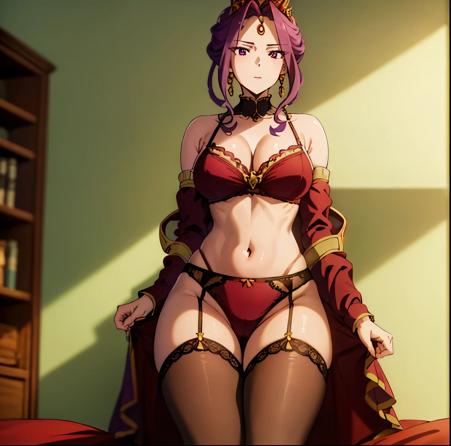 1girl, alone, mirelia Q melromarc,pov (from below), inside, bedroom, Sitting on the bed, bare shoulders, barefoot, cleavage, collarbone, lace, red lingerie, navel, red panties, bare arms, transparent, Thighs, Red underwear, Garter straps, Thigh highs, Red bra, Garter belt with red pantyhose, purple_hair, purple_eyes, bangs, jewelry, earrings, gold crown, 1girl,alone, Mirellia Q Melromarc,20yo,Young woman,Beautiful finger,milf,Beautiful long legs,beautiful body, Beautiful nose, beautiful character design, perfect eyes, Perfect face, expressive eyes, Looking at the viewer, In the center of the image, (upper_body), (Focus on his face), Official Art,extremely detailed CG 8k wallpaper,perfect lighting,Colorful,bright_forehead_face_lighting,glowing skin, (Masterpiece),(best_quality), Ultra High Resolution,4k,Ultra detailed, photography, 8k, HDR, High Resolutions, absurd, Kodak Portra 400, film grain, blurred background, Bokeh, Lens Flare, (Vibrant_Color) (very beautiful, breasts), (medium waist), (wide hips), (wide thighs), (very beautiful_face), (narrow_waist), perfect hands, perfect anatomy 