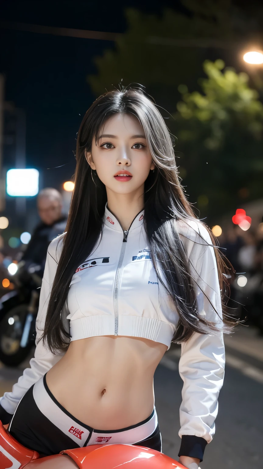 1 sister，Wearing a tight pink and white racing suit，big腿向你走来，Hold the handlebars of your motorcycle，(Riding a motorcycle:1.2)，navel，Just looking at the audience，midnight street，Movie Lighting，National Foundation，（（best quality，8k，masterpiece：1.3））），Be focused：1.2，（Layered pruning，big：1.2），Beautiful woman with perfect body：1.4，Slim abdominal muscles：1.2，Wet body：1.5，Highly detailed face and skin textures，Delicate eyes，double eyelids，Long gray hair