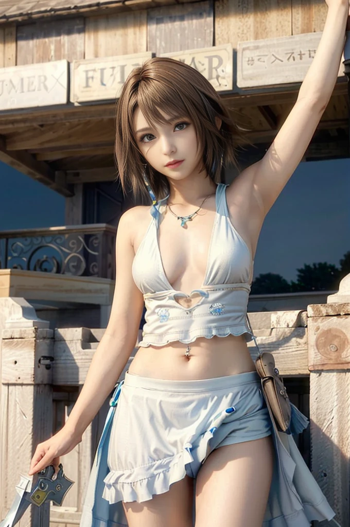 (masterpiece, best quality:1.3)
YunaFF10,  1girl, solo, looking at viewer, smile, short hair, blue eyes, skirt, brown hair, hair ornament, jewelry, yuna (ff10),  naked portrait, nude photography,  shiny nipple, show armpit 