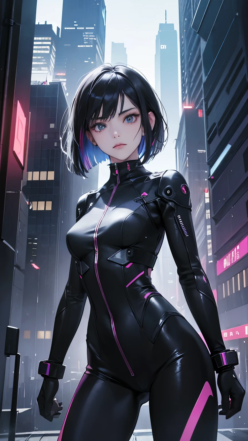 Highest quality,Highest Resolution,beautiful girl,Android,metallic,Mechanic,cyborg,Future city at night,Short black hair,