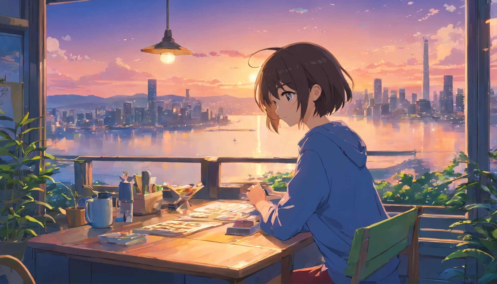 portar、512、lo-fi、Garota em fones de ouvido, sentada em uma cadeira、Cochilando em sua mesa、Olhos fechados、Vista da cidade pela janela、evening、Cores pastel、pintura