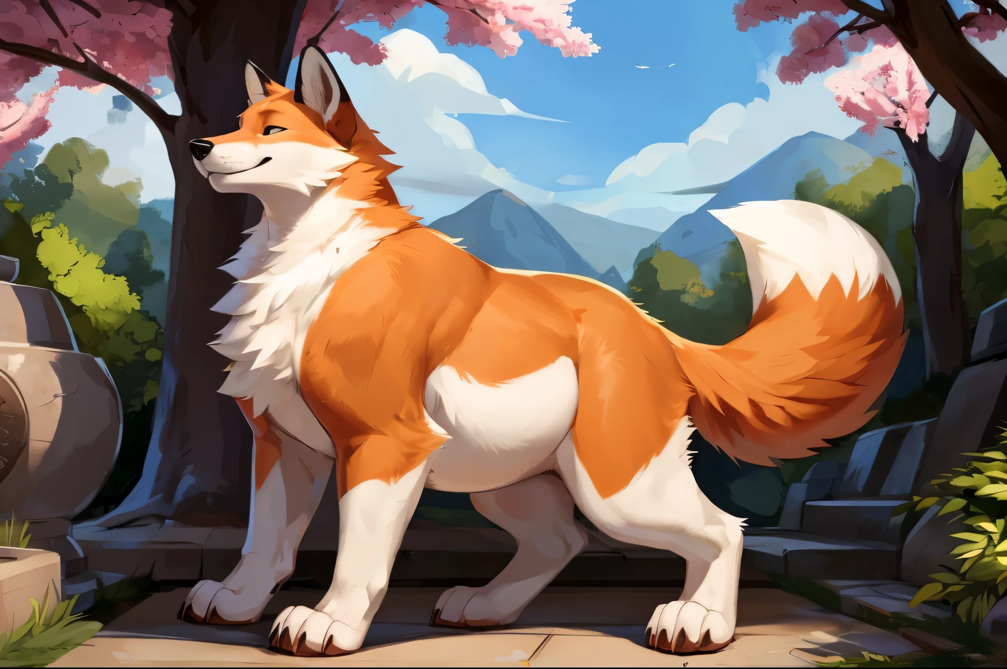 4k ultra quality, 4k full body view,(ultra high detailed body),((feral)) fox,by mystikfox61, by glitter trap boy,feral paws, by bebebebebe,by morethreedee, by seibear,(thick thigh),(chubby thigh),thicc thigh,thick legs,chubby legs,thicc legs,massive butt,enomorous thigh,massive thigh,massive legs,thick lower legs,wide legs,(detailed thigh),(wide thigh),fluffy belly sharp nails,((sfw)),(ultra detailed face),detailed eyes,big tail,fluffy tail,(detailed tail),enomorous tail,bigger tail,huge tail,volumetric light,muscle legs,big paws,(thick paws),fluffy paws,furry paws,enomorous paws,(feral focus), beast,(bigger lower body),(long legs),side view,master works, super fine, 4k resolution, high quality,high picture detail,dark fantasy,illusory engine, Masterpiece,dire fox,faint lighting,in a shrine,sakura, fur,(feral) belly,charming (feral) body,chubby (feral) body,detailed belly,enomorous belly,hyper belly,bigger belly