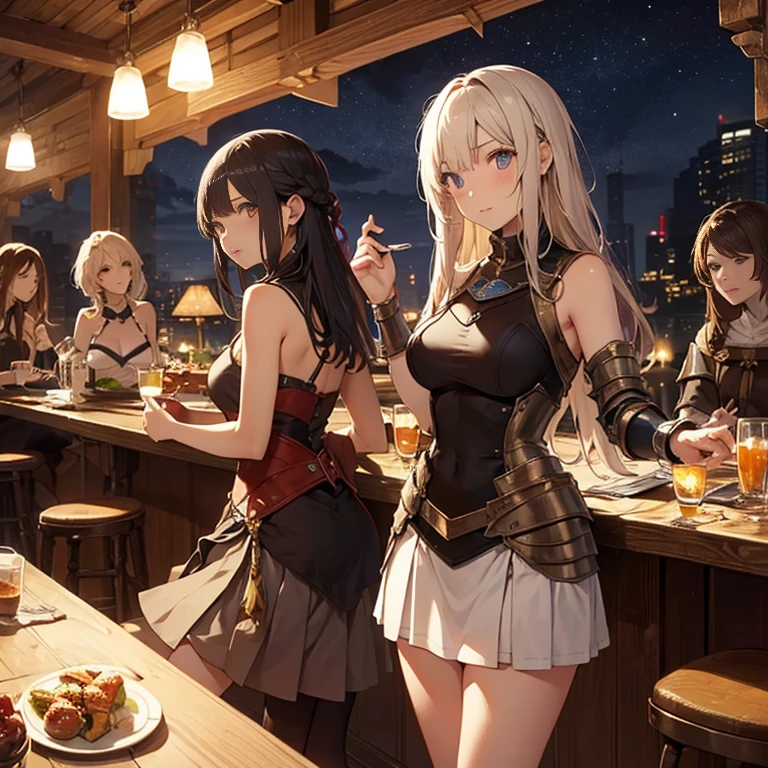A group of female medieval fantasy adventurers, (in tavern), various hair styles, harem, night, details face, short skirt, seducing, sleeveless, armor