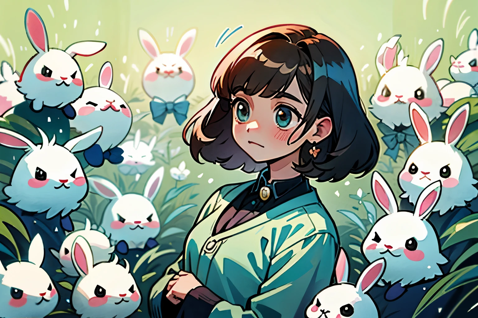 girl、Surrounded by lots of cute rabbits