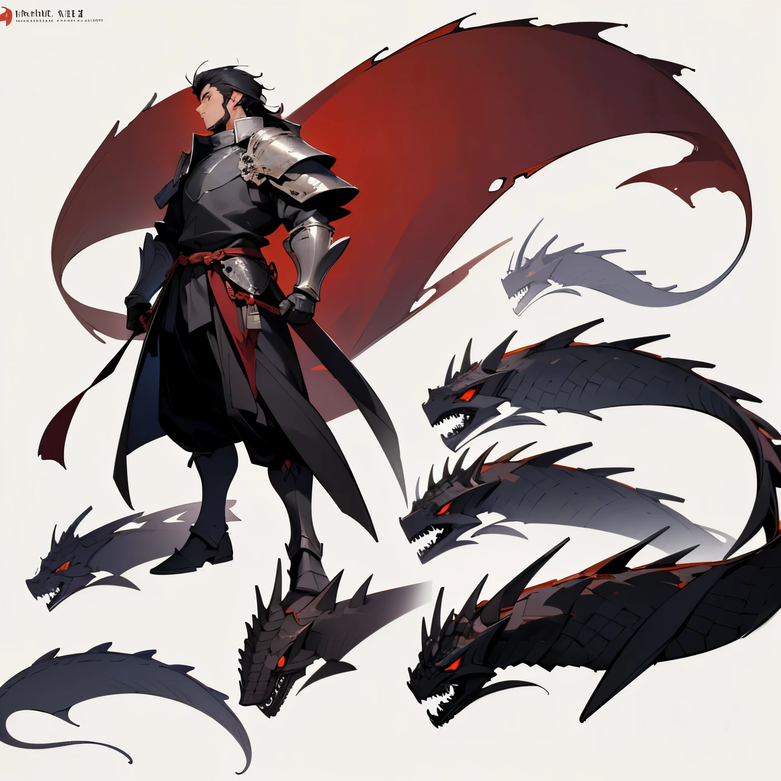 ((masterpiece)),(((best quality))),(character design sheet, same character, front, side, back), illustration, 1 man, tall, burly body type, long black hair, red eyes, neutral expression, half dragon, wearing knight armor, (simple background, white background: 1.3), --6,