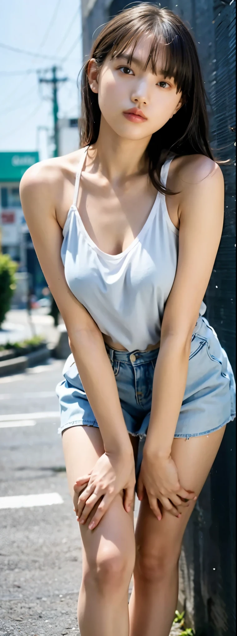 Open shirt, (((Leaning forward、Slender body))), ((,Round face, Around ,mini skirt、A loose-fitting tank top)), Long Hair, , Natural Makeup, Lips become thicker, Sexy Gaze, barefoot, ((Raise one leg)), Shooting from below,Gentle expression ,((Extremely precise and accurate anatomy)), (masterpiece:1.43), Perfect Proportions, Realistic photos, Full Shot, whole body, (height: 165cm),