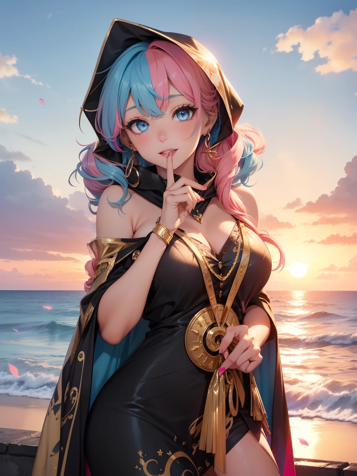 1 girl, (Rainbow Hair, Colorful hair, half blue and half pink hair: 1.2), 17 years old, blue_Sky, Holding a magic wand, summer (Oceansexist), petal_exist_liquid, Black cape with hood, Red and black tattered dress, skirt: 1.2, (gold lexistg curly hair: 1.5), Sky, outdoor, cloud, 刘Ocean, Smile, Sky blue eyes, Bare shoulders, Perfect hands, Card Details, Repair finger. earrings, Ocean + background, Watching_exist_Viewer, Cowboy shooting, top quality, Rich details, Perfect image quality, sunrise