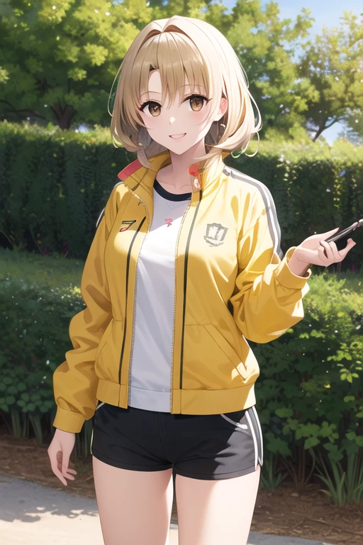 Obra maestra, mejor calidad, high resolution, 1 chica, solo, pelo largo, pelo rubio, doble bien, perforar el cabello, Brown eyes, , pajarita verde, chaqueta de sport, chaqueta amarilla, mangas largas, falda a cuadros, falda verde, de pie, tiro de vaquero, al aire libre, sonrisa,