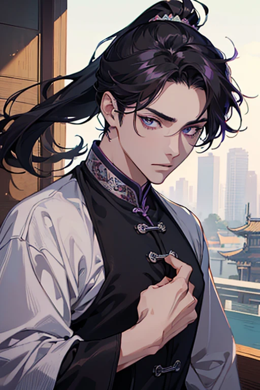 (masterpiece), best quality, ultra-high resolution, ((one man)), boy, male, elegant, expressive eyes, perfect face, half body, looking at viewer, dutch angle, cowboy shot, (long black hair), ponytail, (purple eye color), handsome, During the Day, chinese style, old china, chinese clothes, chinese palace, lotus, hd