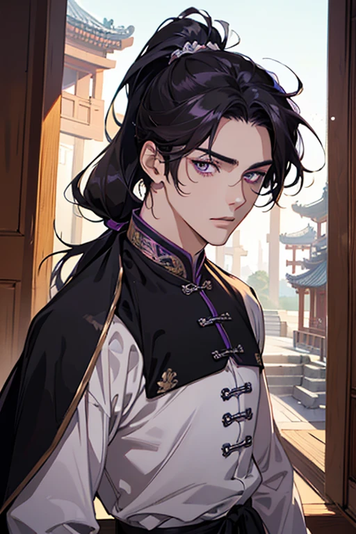 (masterpiece), best quality, ultra-high resolution, ((one man)), boy, male, elegant, expressive eyes, perfect face, half body, looking at viewer, dutch angle, cowboy shot, (long black hair), ponytail, (purple eye color), handsome, During the Day, chinese style, old china, chinese clothes, chinese palace, lotus, hd