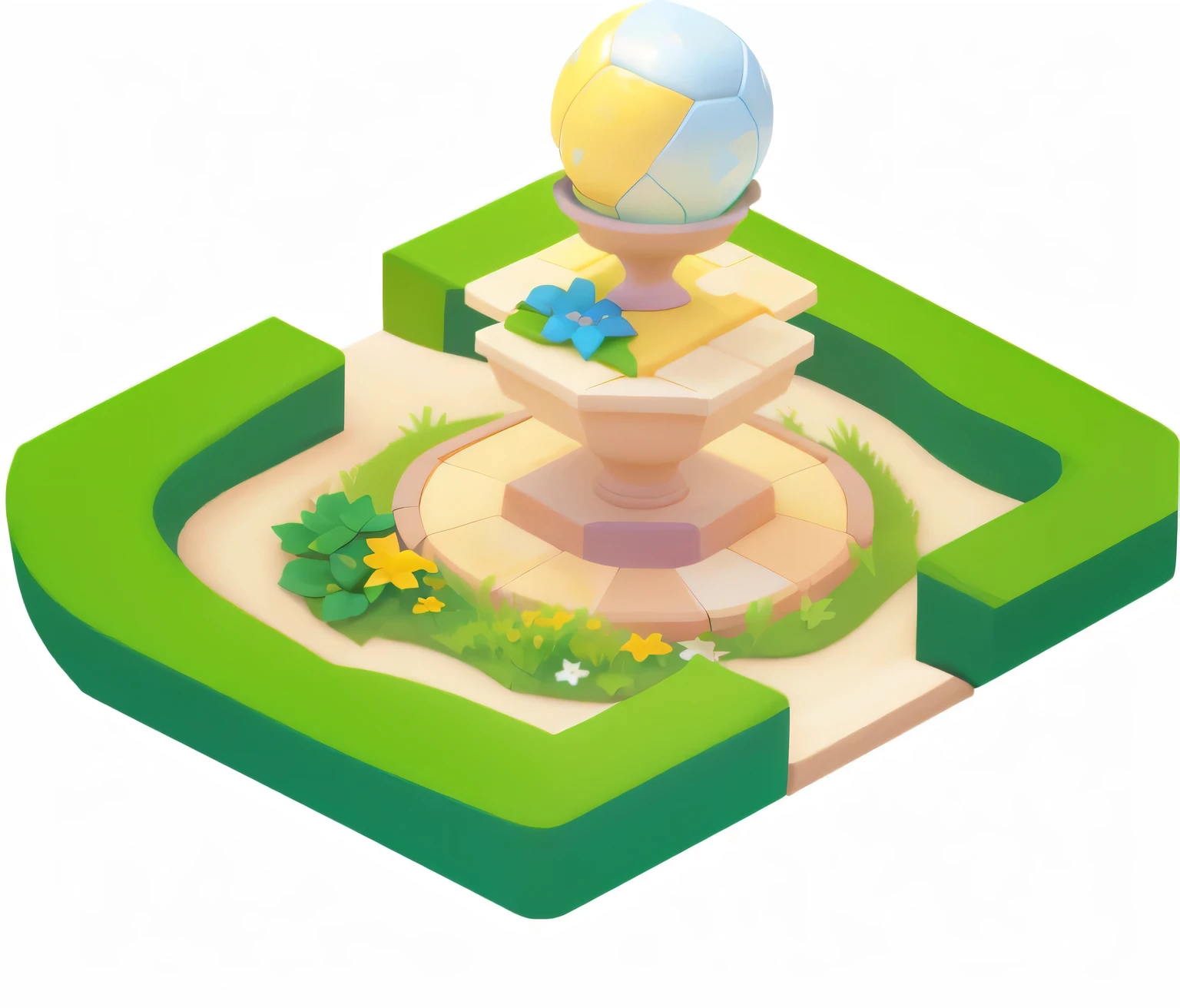 Square flower bed,Grass,water polo,Pixar style,European and American cartoon style