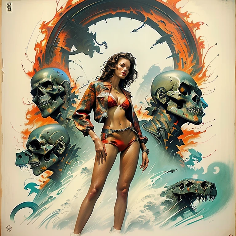 DANGER LAND - original motion picture soundtrack, horror film, Full body pose of a beautiful woman in the center standing in a sexy bikini outfit, In the background, a cityscape bursting into flames and a group of zombies、Spooky atmosphere、soundtrack jacket、Digitally Remastered, Kinematics」, John Maggs, Roy Dargano, Movie Posters, Album cover, 1 9 7 0 sMovie Posters, Oil painting