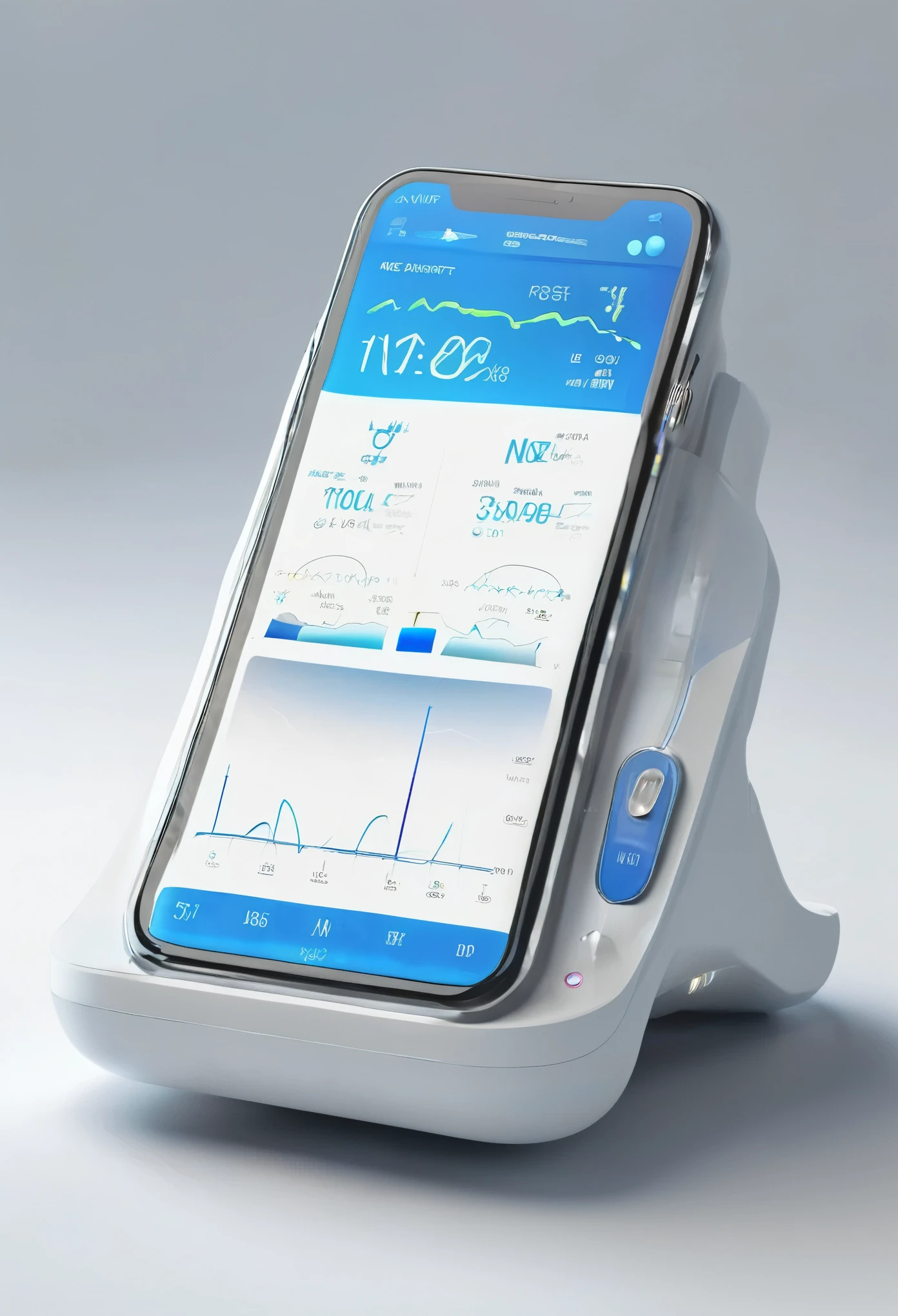 Smart fetal heart rate monitor，soft，Technology，White as the base，Blue as auxiliary color，In Bed 8K，Ultra-clear realism，Highly detailed beauty，High-resolution rendering, Rendering in key shots, Depicted as 3D rendering, Concept Art, Concept Rendering, Large equipment design, 3D Rendering n - 9, Future product shoot(best quality)), ((masterpiece)), (detailed) masterpiece， Higher quality， High Detail， Ultra-high resolution，，8k futurism，